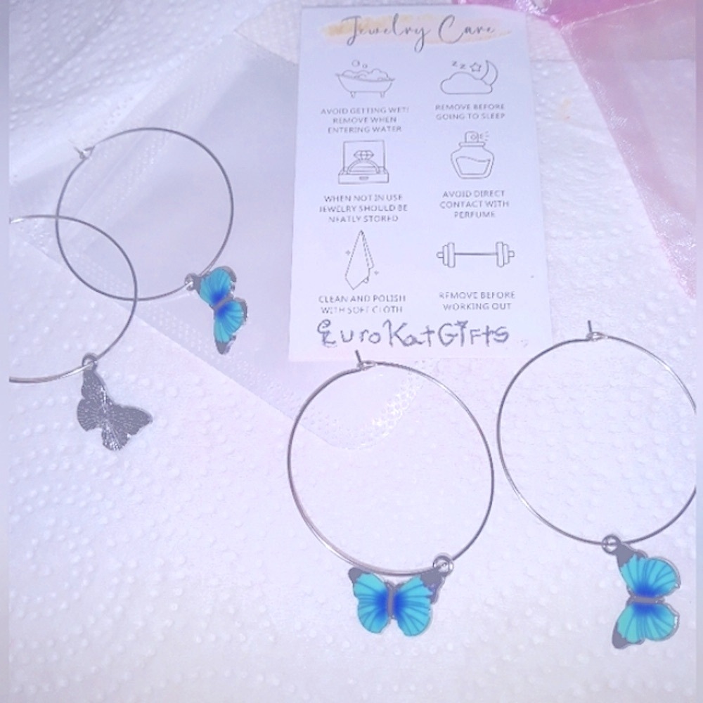 Minimalist Silver Medium Hoop Earrings with Blue Butterfly Charm NEW Handmade